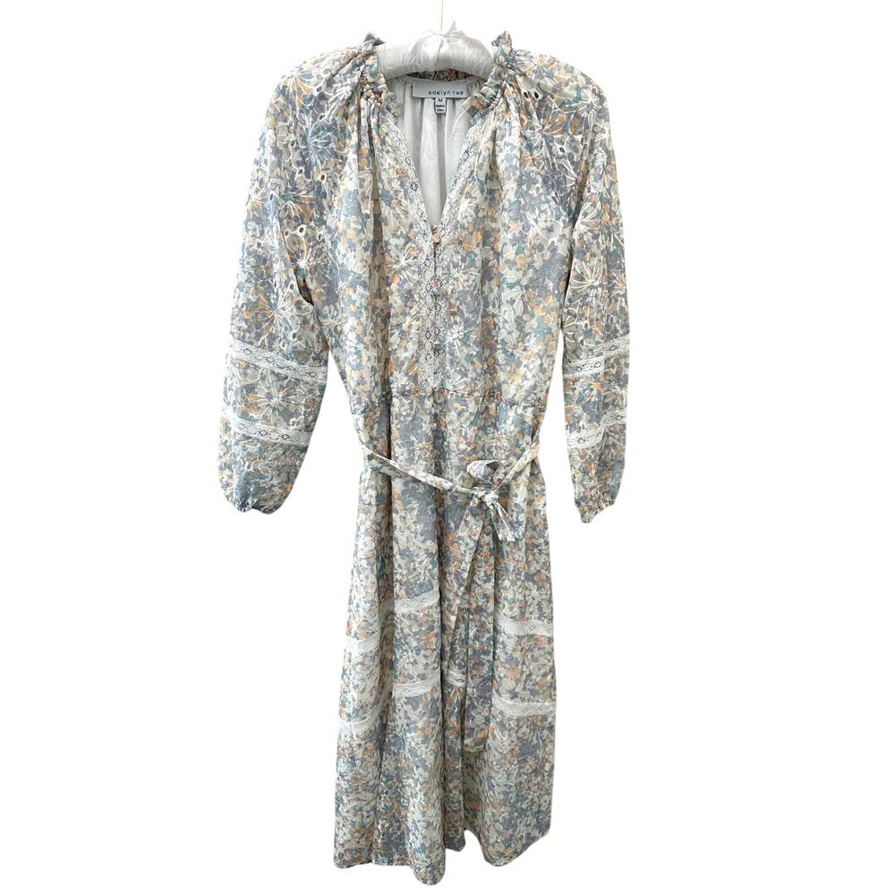 ADELYN RAE Floral Midi Dress Blue Beige Lace Tie Waist Long Sleeve | Medium